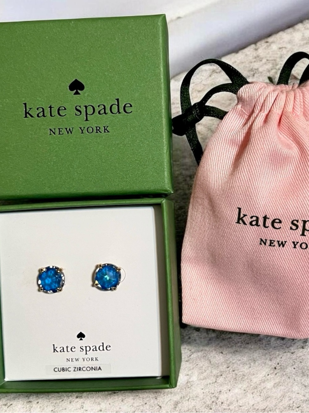New kate spade blue crystal stud earrings in gold-tone